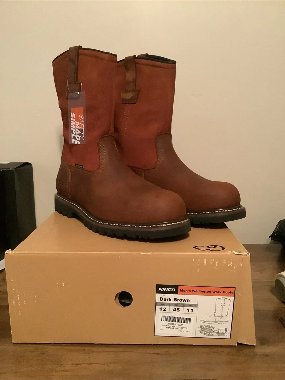 Hisea ningo Dark Brown Men’s 12 Wellington steel toe Work Boots